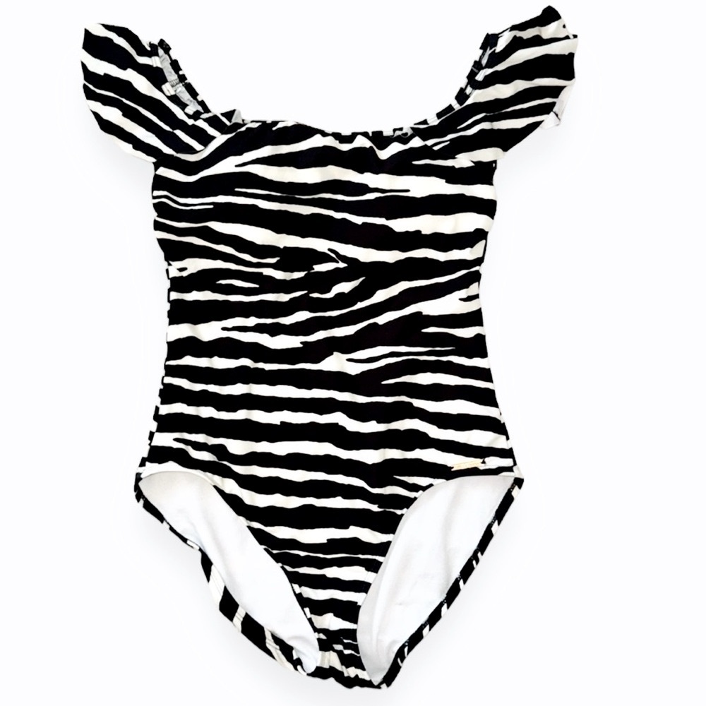 VINCE CAMUTO Ruffle Sleeves Black & White Zebra Stripe One Piece Swimsuit - Picture 4 of 11